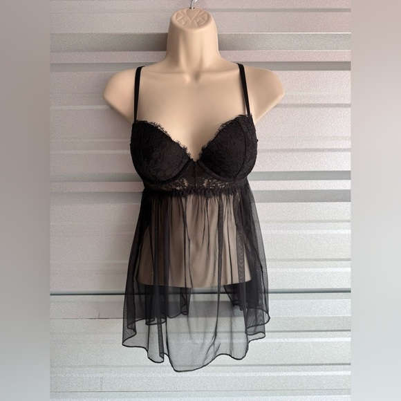 Women’s Victoria’s Secret Sexy Black Lace Lingerie Babydoll Sheer Top Size 34C - Picture 1 of 8